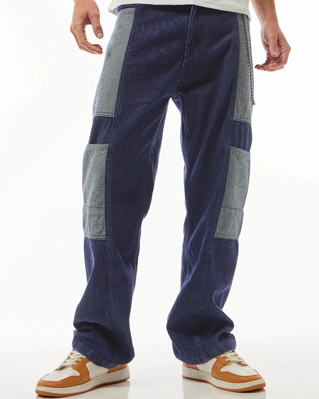 Men's Blue & Grey Color Block Straight Fit Jeans Male Bottamwear