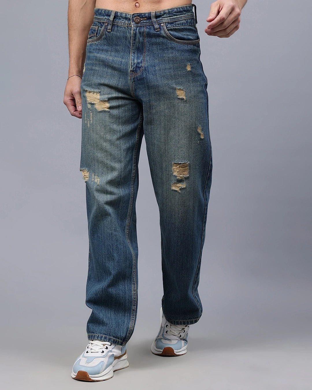 Men's Blue Washed Relaxed Fit Distressed Jeans Male Bottamwear