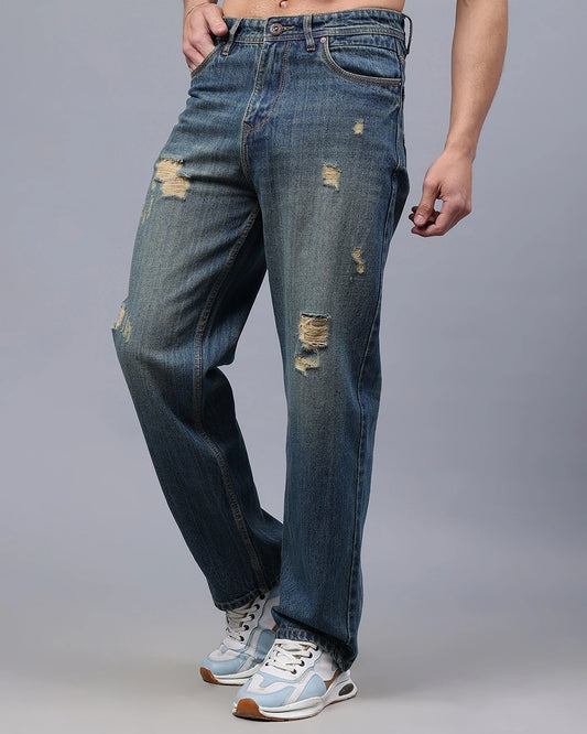 Men's Blue Washed Relaxed Fit Distressed Jeans Male Bottamwear