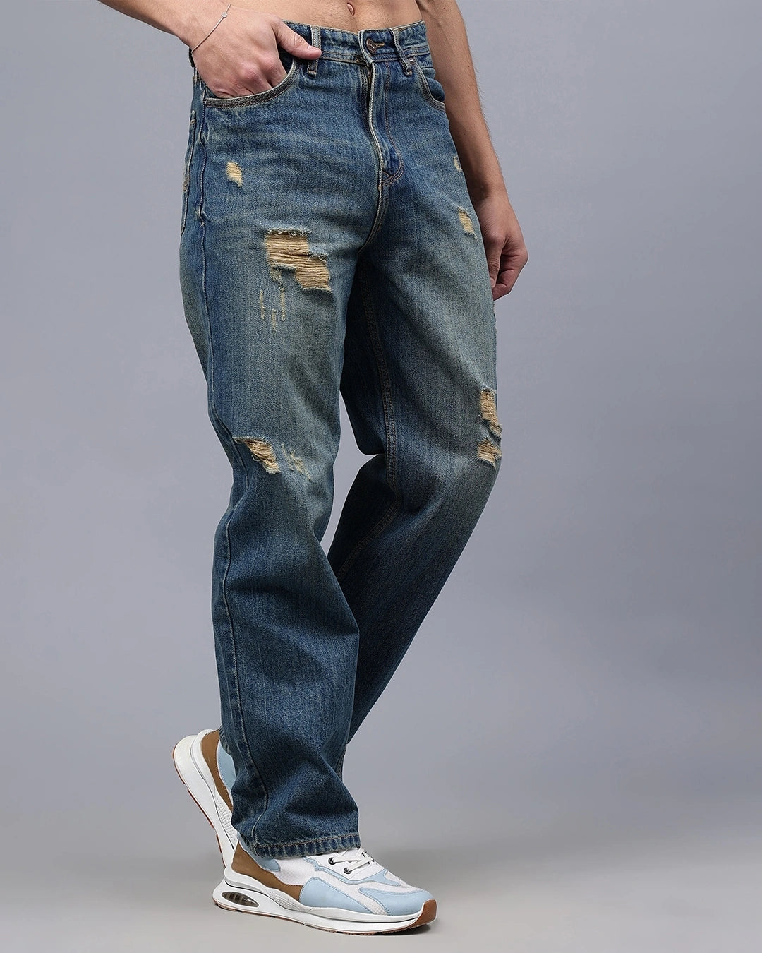 Men's Blue Washed Relaxed Fit Distressed Jeans Male Bottamwear