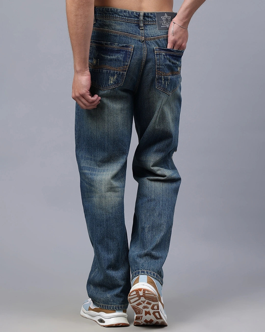 Men's Blue Washed Relaxed Fit Distressed Jeans Male Bottamwear