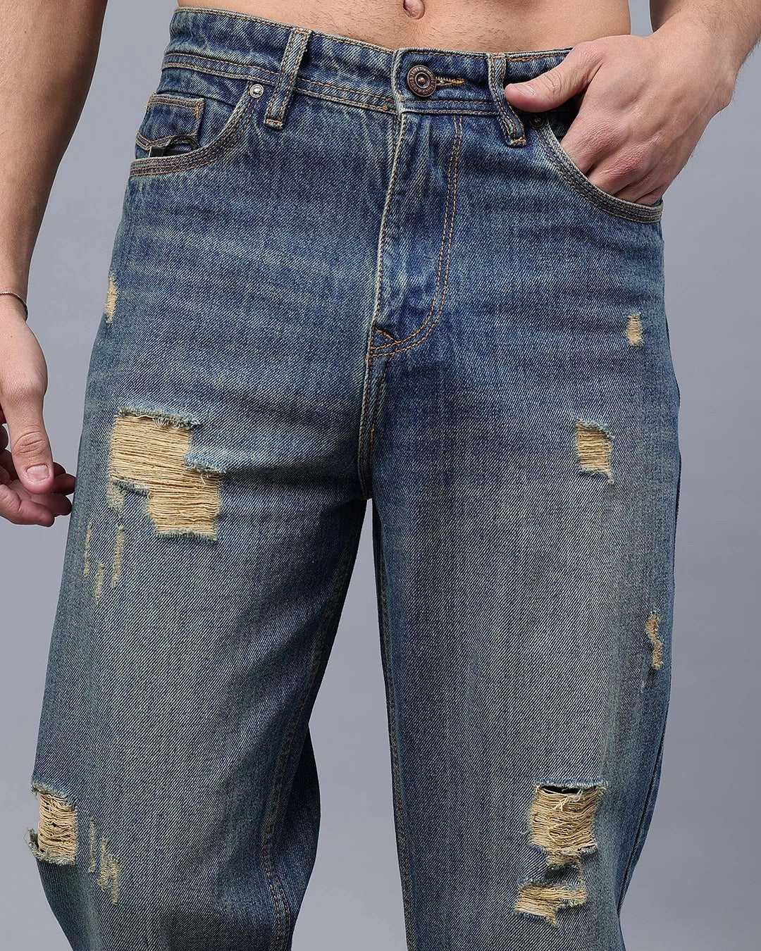 Men's Blue Washed Relaxed Fit Distressed Jeans Male Bottamwear