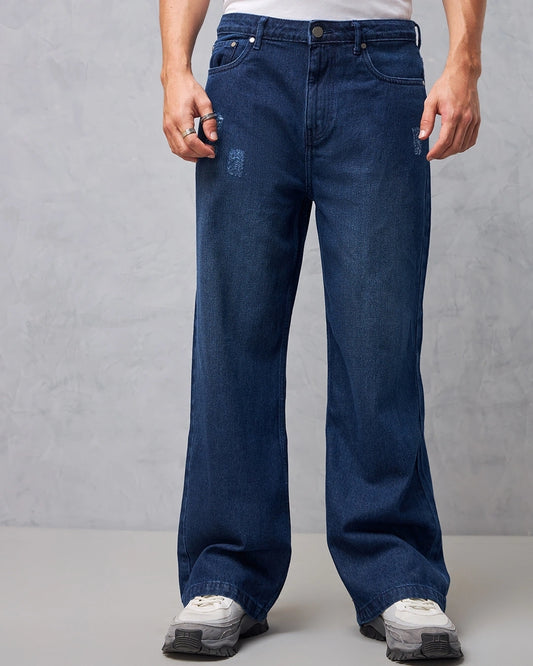 Men's Blue Baggy Wide Leg Jeans Male Bottamwear