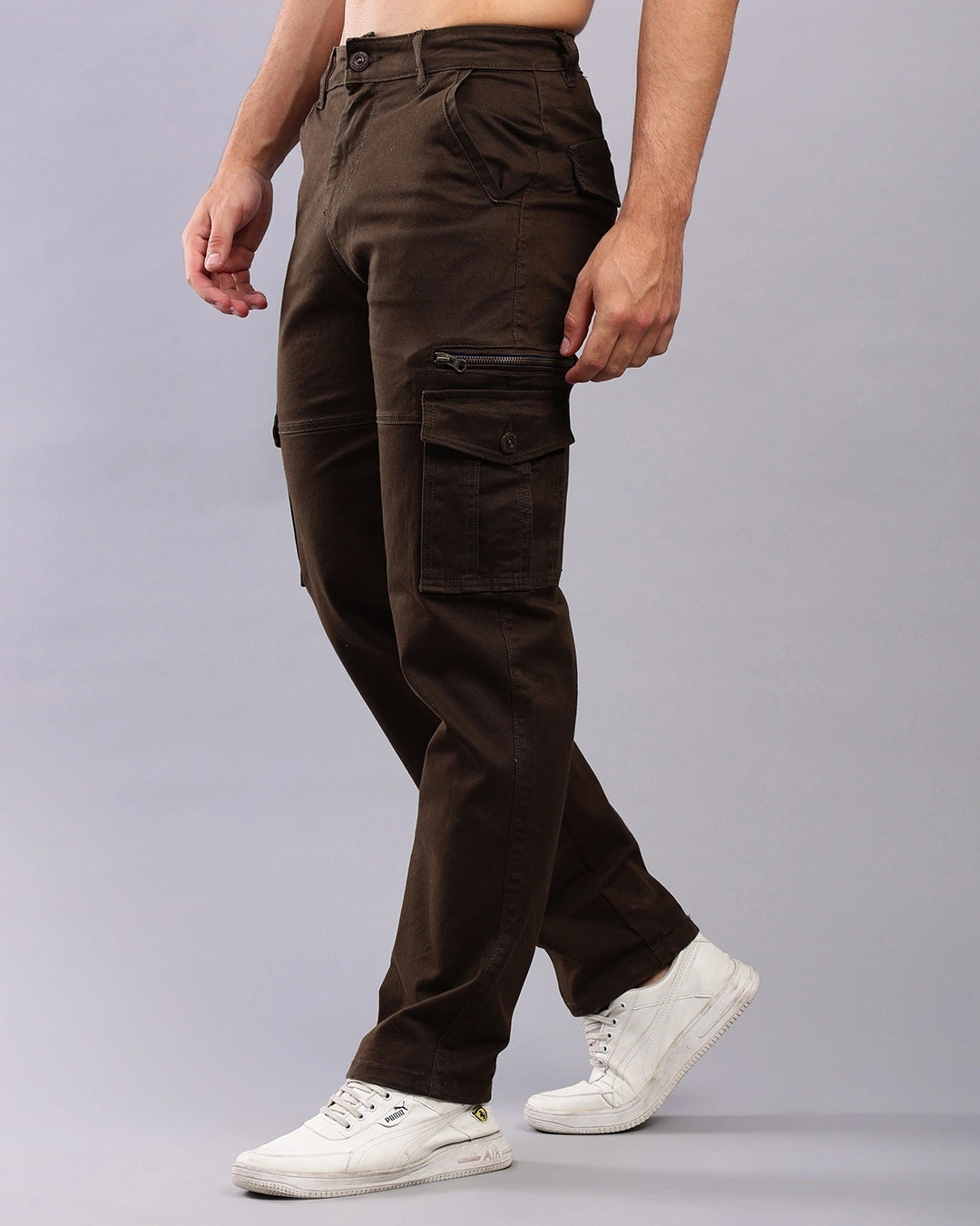 Men's dark Brown Cargo Jeans Male Bottamwear