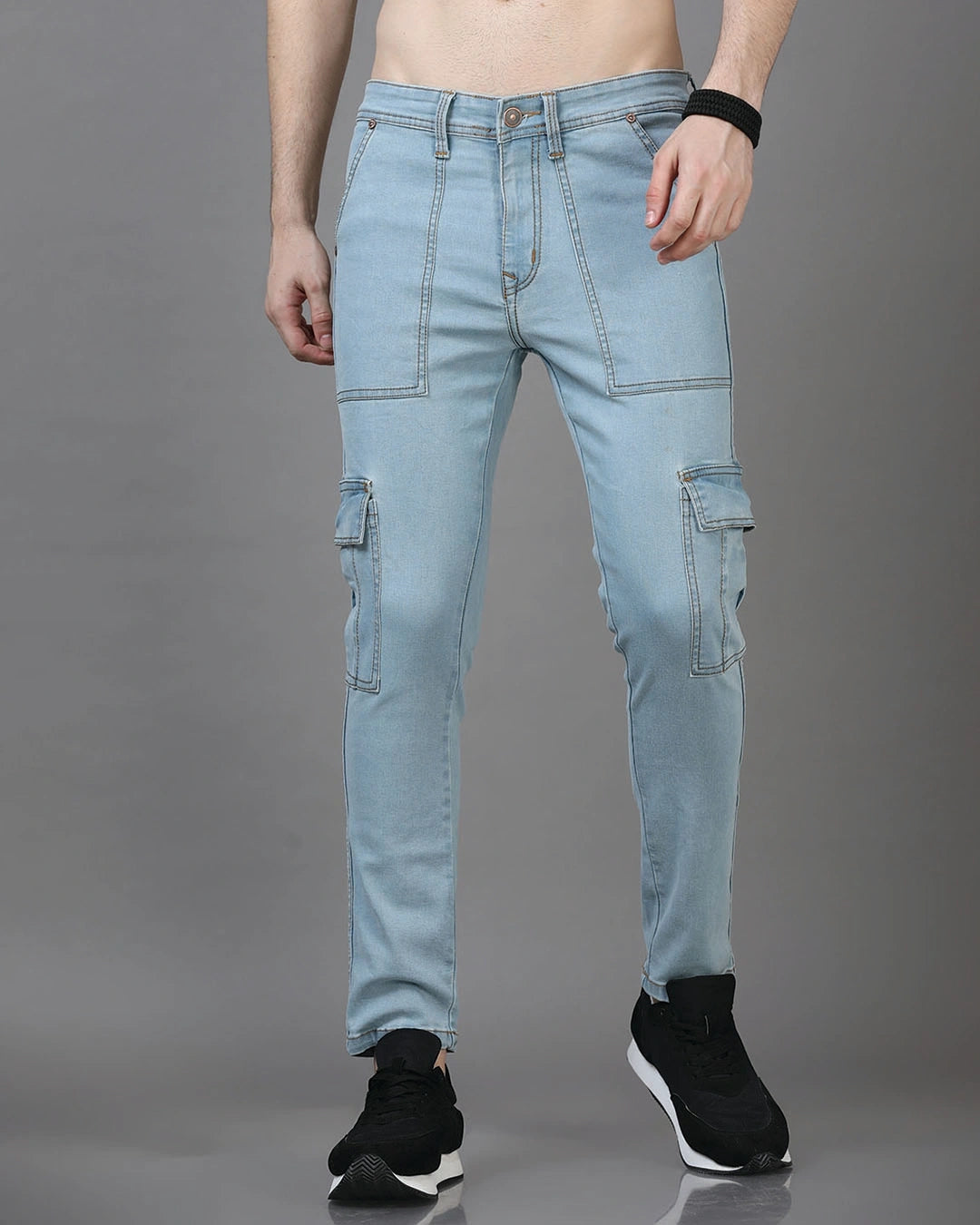 Men's Ice Blue Slim Fit Cargo Jeans Male Bottamwear