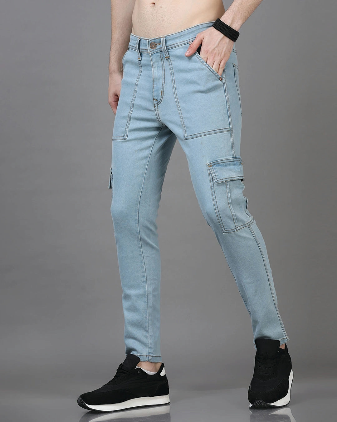 Men's Ice Blue Slim Fit Cargo Jeans Male Bottamwear