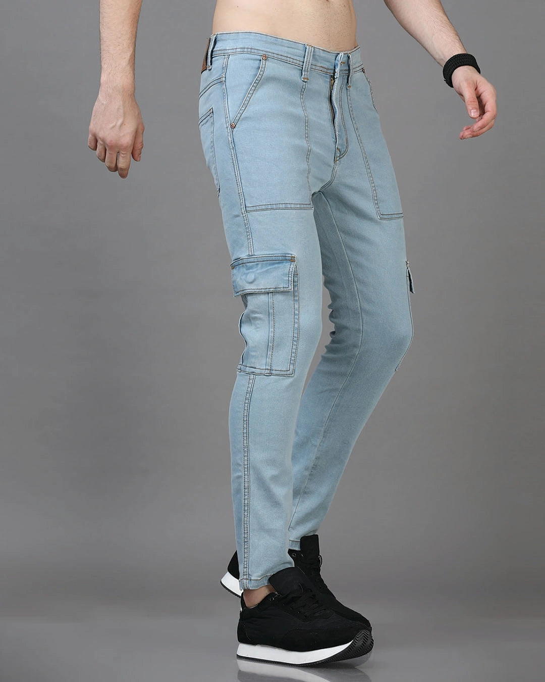 Men's Ice Blue Slim Fit Cargo Jeans Male Bottamwear