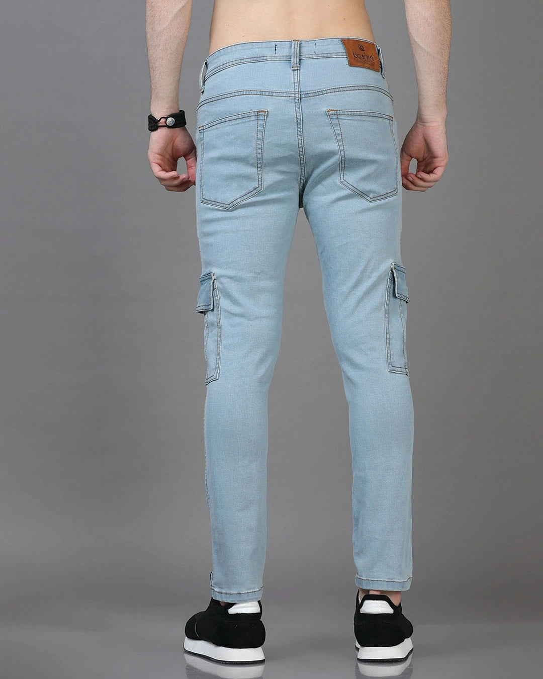 Men's Ice Blue Slim Fit Cargo Jeans Male Bottamwear