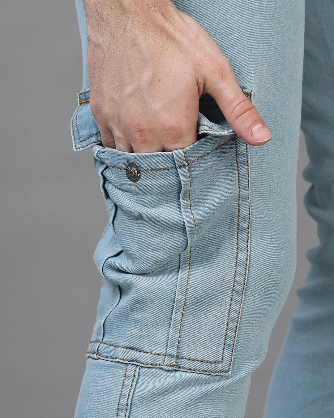 Men's Ice Blue Slim Fit Cargo Jeans Male Bottamwear