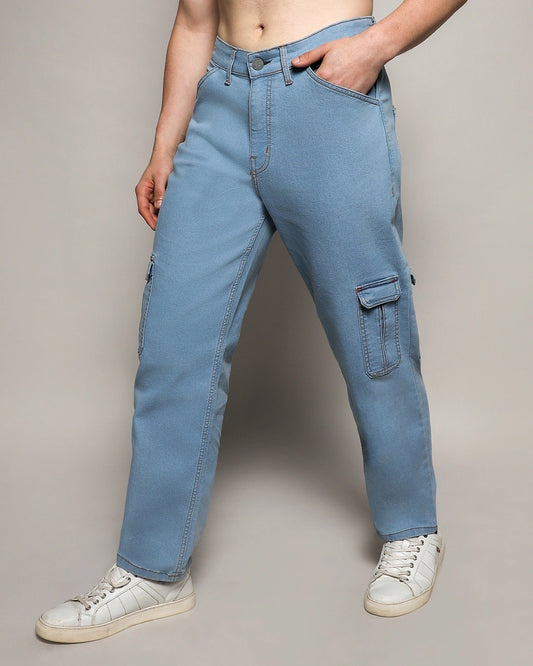 Men's Light Blue Relaxed Fit Cargo Jeans Male Bottamwear