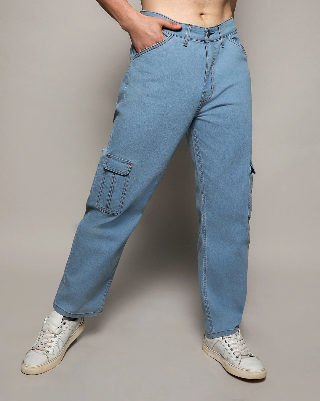 Men's Light Blue Relaxed Fit Cargo Jeans Male Bottamwear