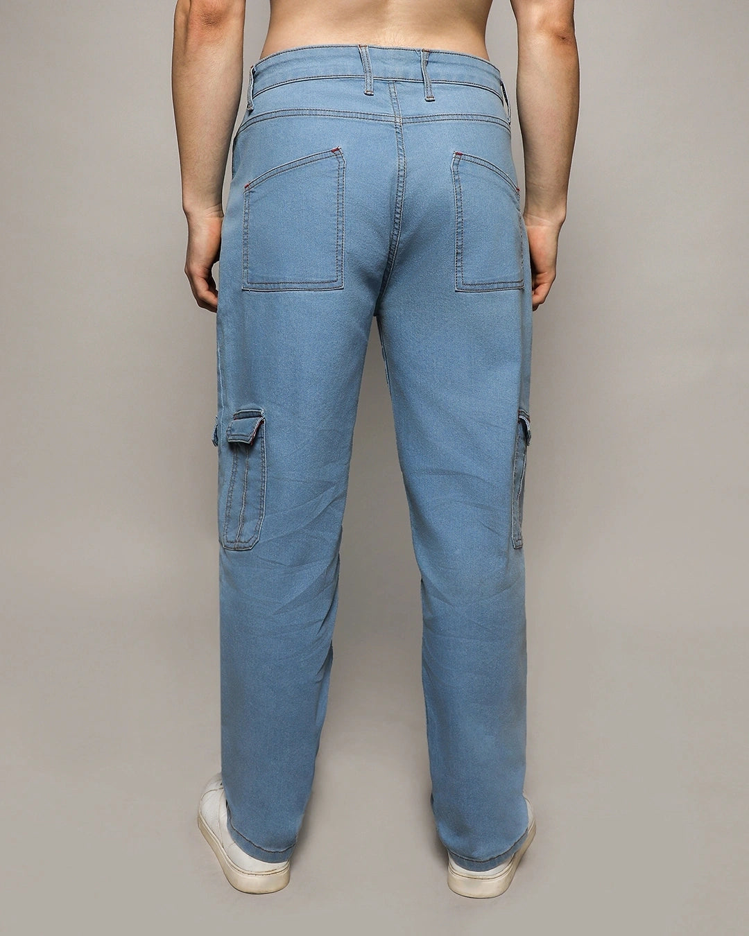 Men's Light Blue Relaxed Fit Cargo Jeans Male Bottamwear