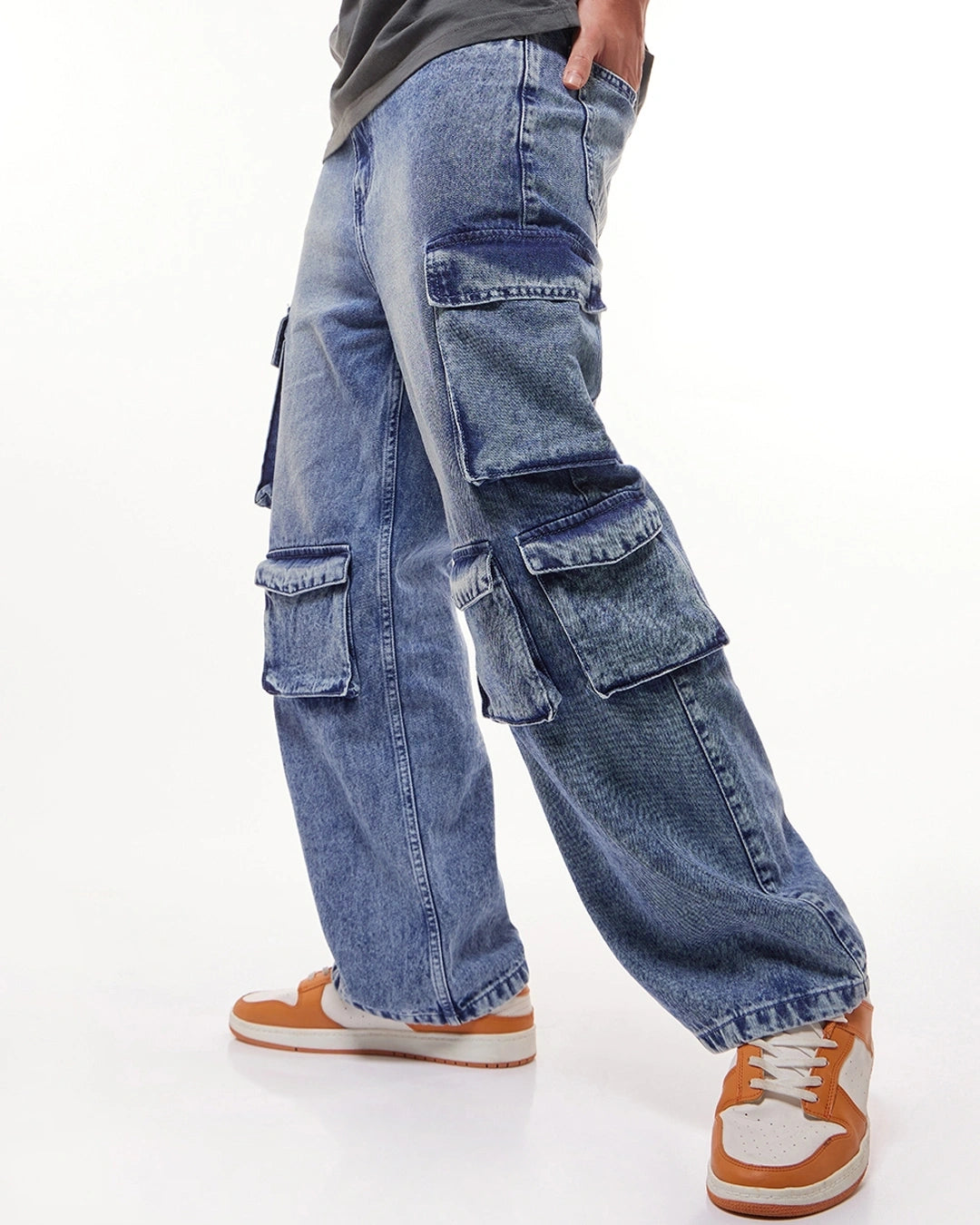 Men's Light Blue Washed Straight Fit Cargo Jeans Male Bottamwear