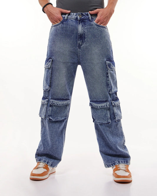 Men's Light Blue Washed Straight Fit Cargo Jeans Male Bottamwear