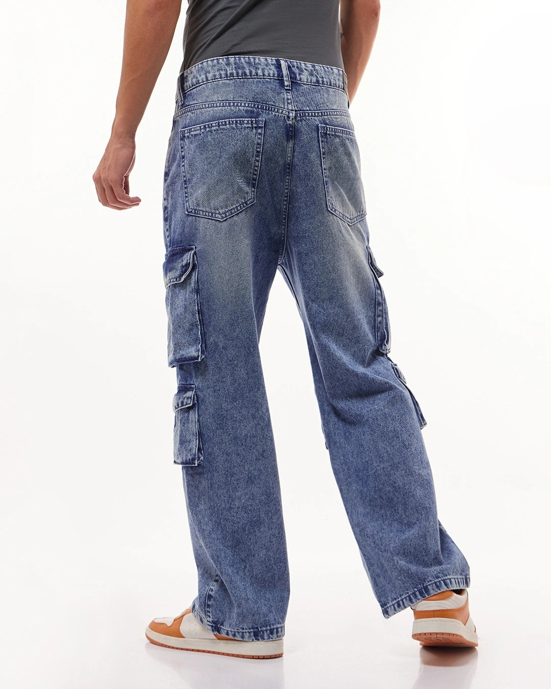 Men's Light Blue Washed Straight Fit Cargo Jeans Male Bottamwear