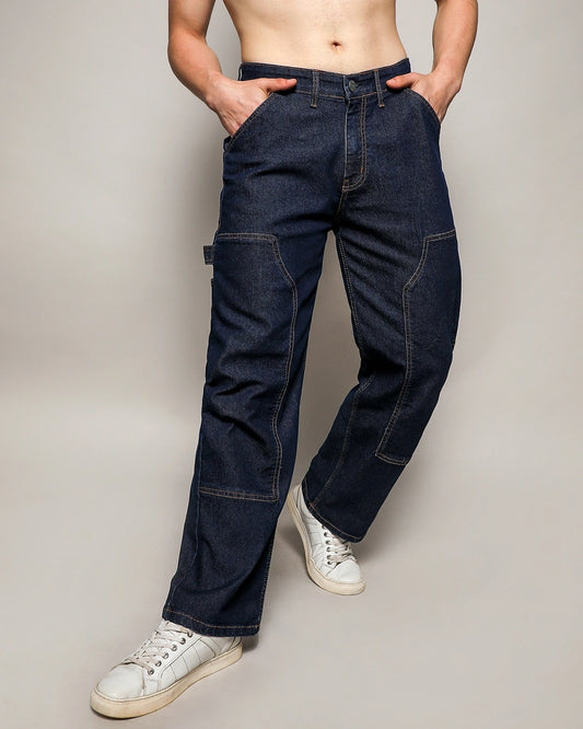 Men's Navy Blue Relaxed Fit Carpenter Jeans Male Bottamwear