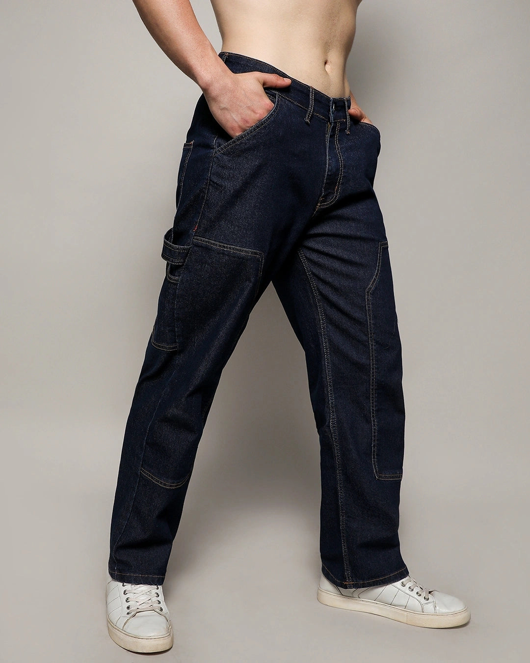 Men's Navy Blue Relaxed Fit Carpenter Jeans Male Bottamwear