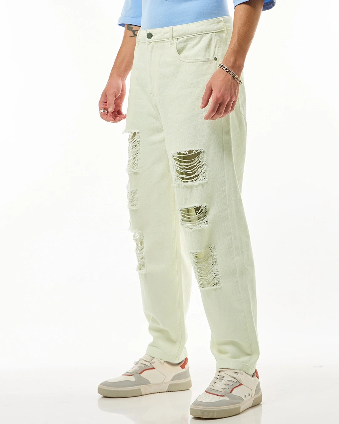 Men's Off White Tapered Fit Distressed Jeans Male Bottamwear