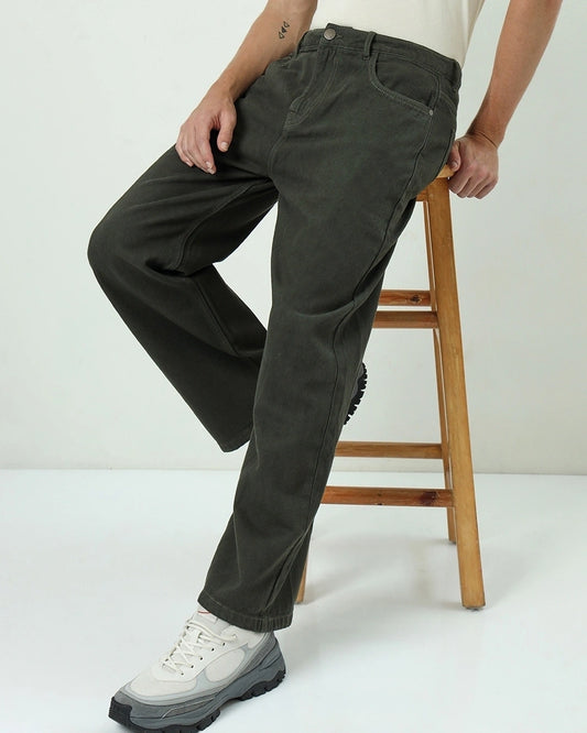 Men's Olive Baggy Straight Fit Jeans Male Bottamwear