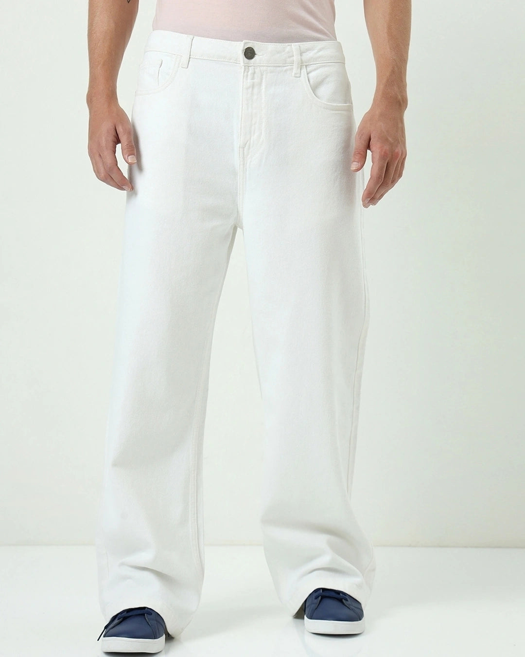 Men's White Baggy Straight Fit Jeans Male Bottamwear