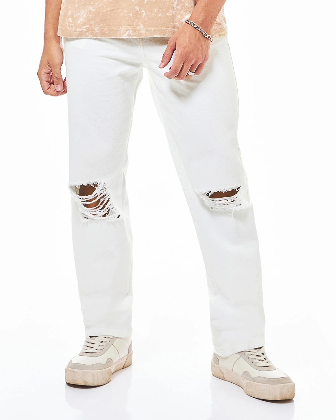 Men's White Distressed Jeans Male Bottamwear