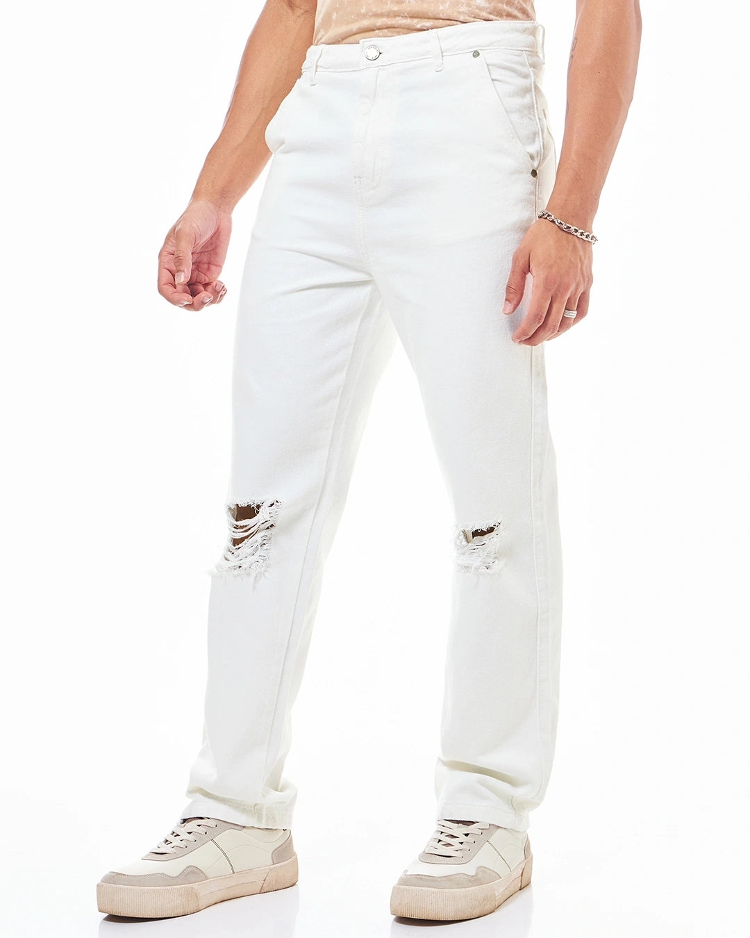 Men's White Distressed Jeans Male Bottamwear