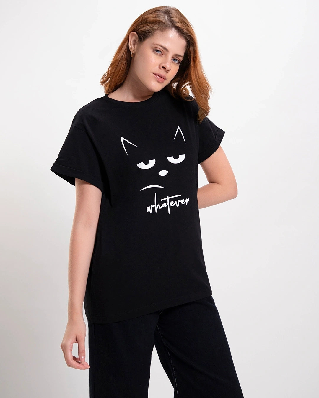 Women's Black Whatever Cat Graphic Printed Boyfriend T-shirt