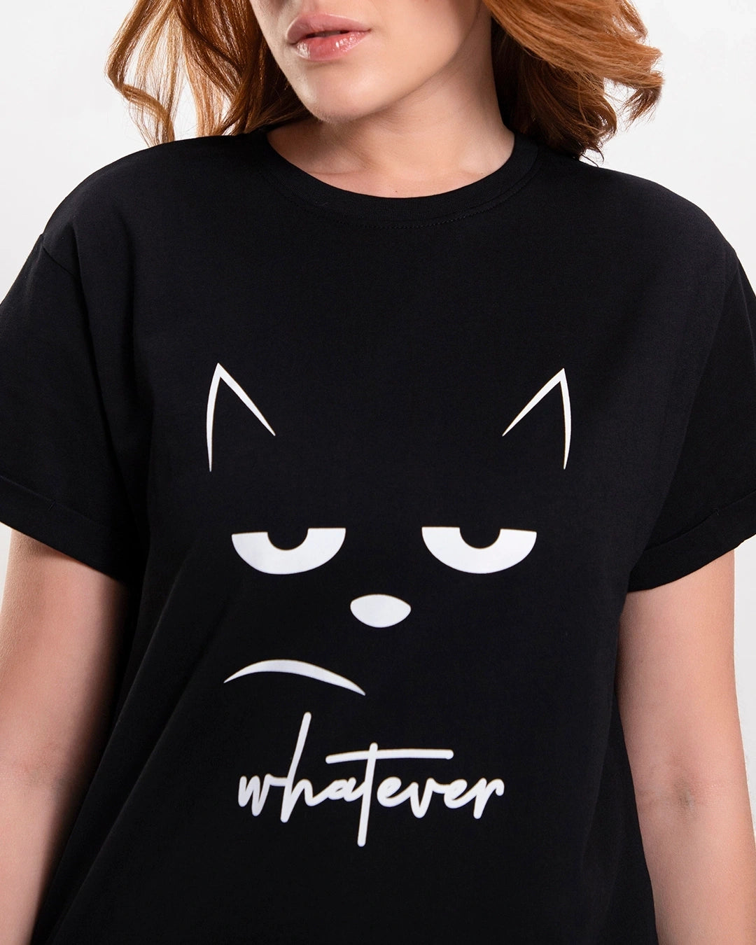 Women's Black Whatever Cat Graphic Printed Boyfriend T-shirt