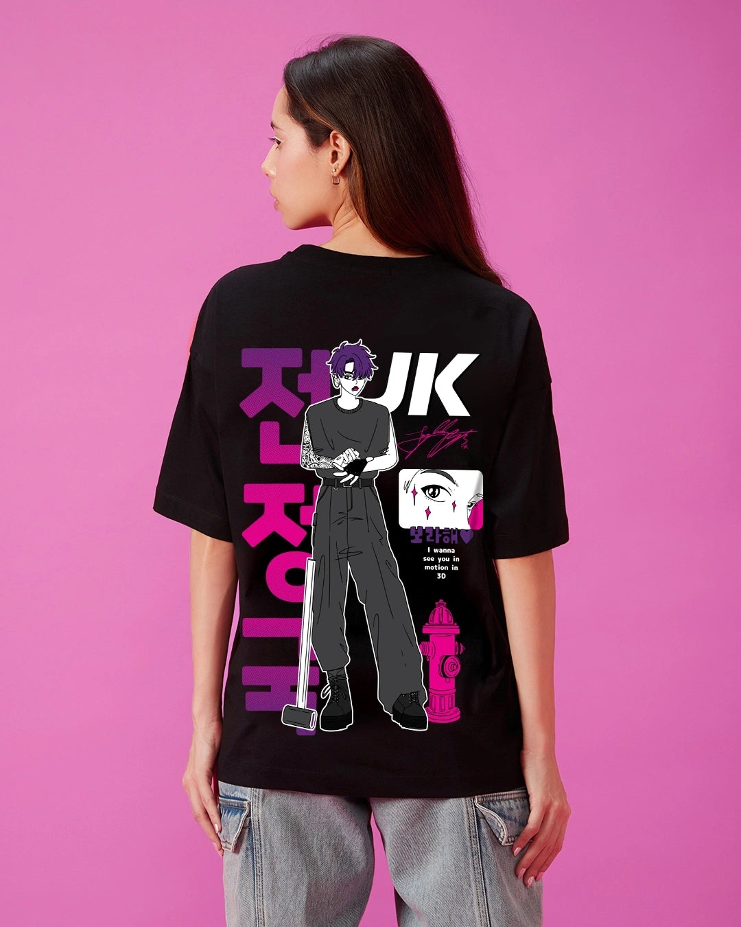 Women's Black In 3D BTS Graphic Printed Oversized T-shirt