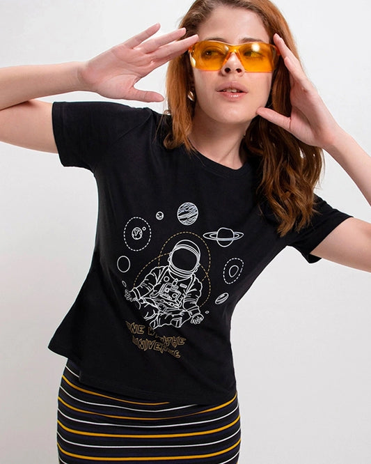 Women's Black One With The Universe Graphic Printed T-shirt