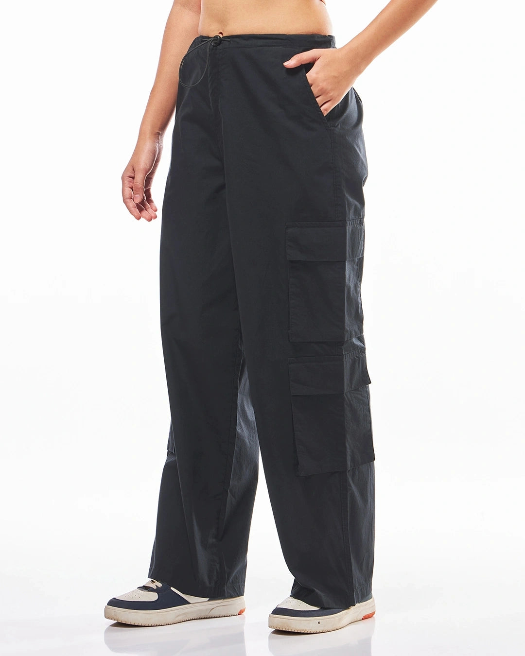 Women's Black Oversized Cargo Parachute Pants bottomwear