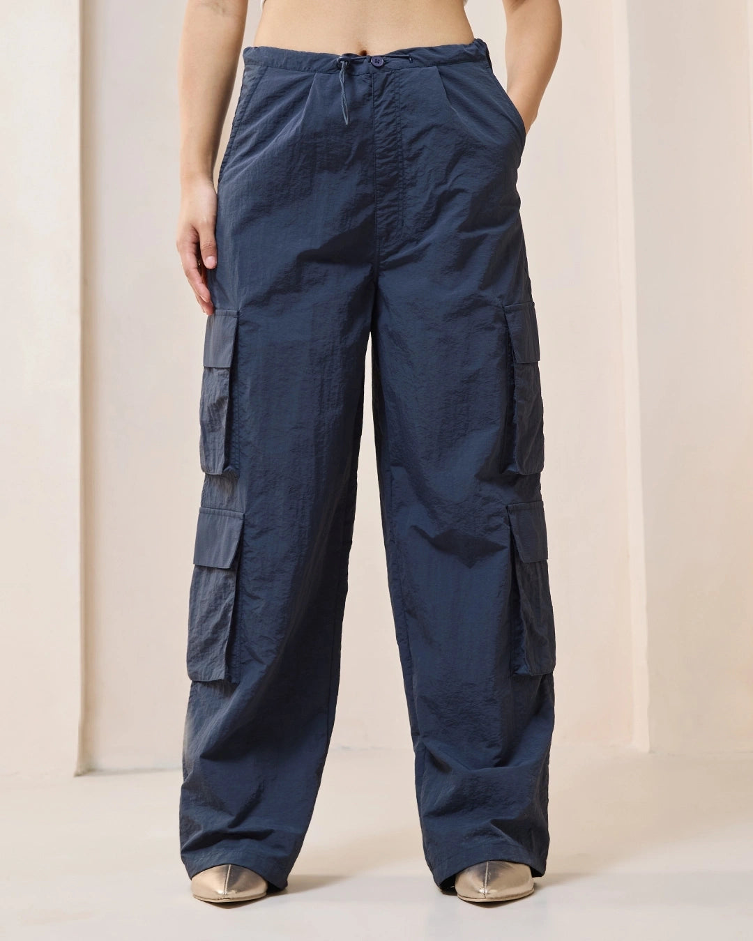 Women's Blue Oversized Cargo Parachute Pants bottomwear