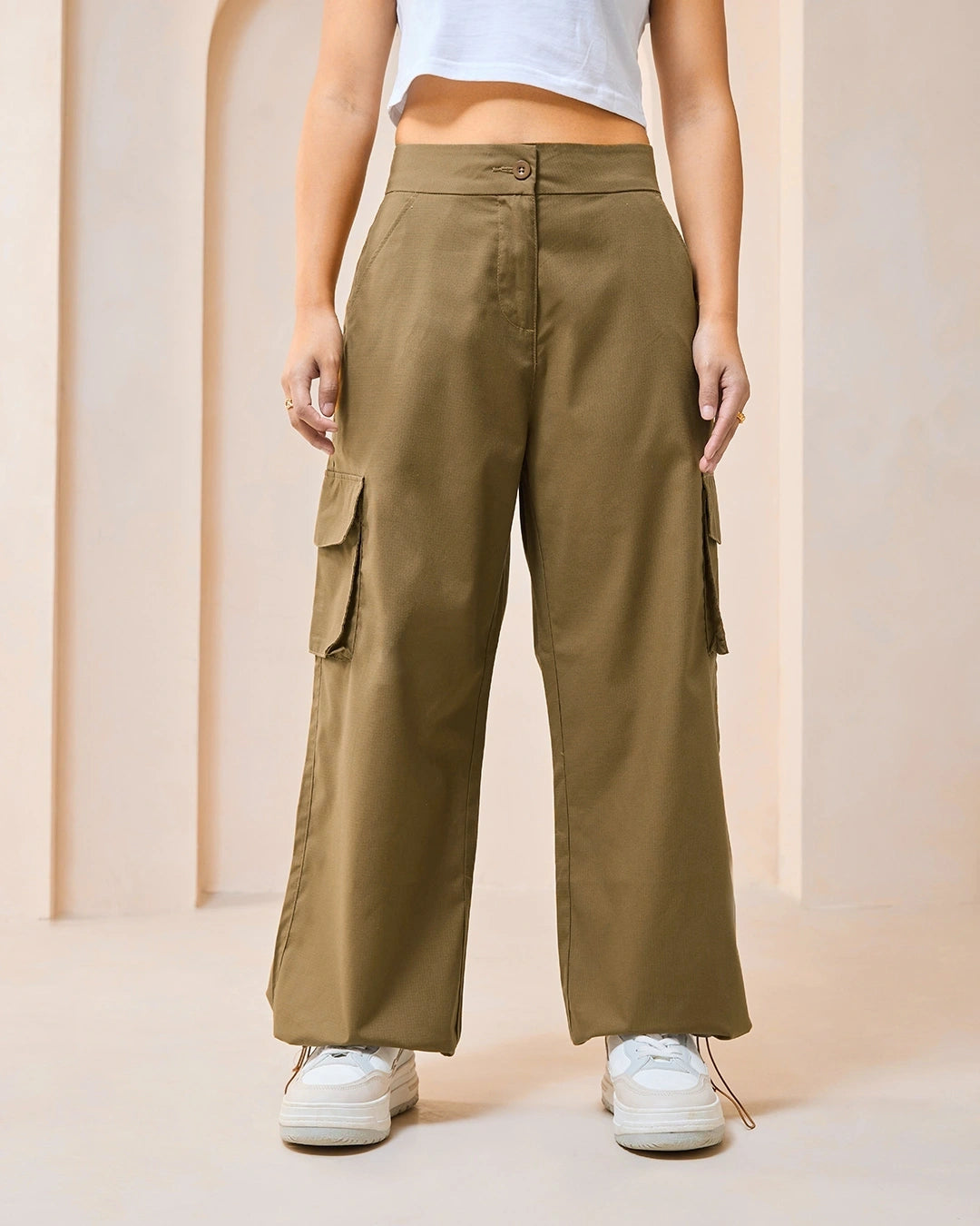 Women's Brown Oversized Cargo Parachute Pants bottomwear