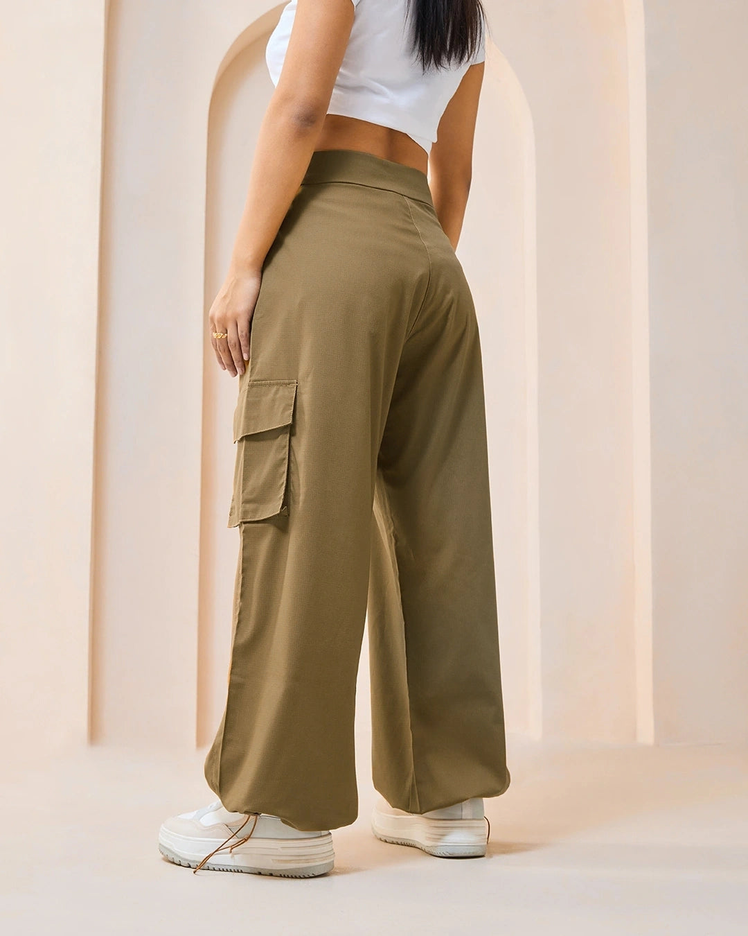 Women's Brown Oversized Cargo Parachute Pants bottomwear