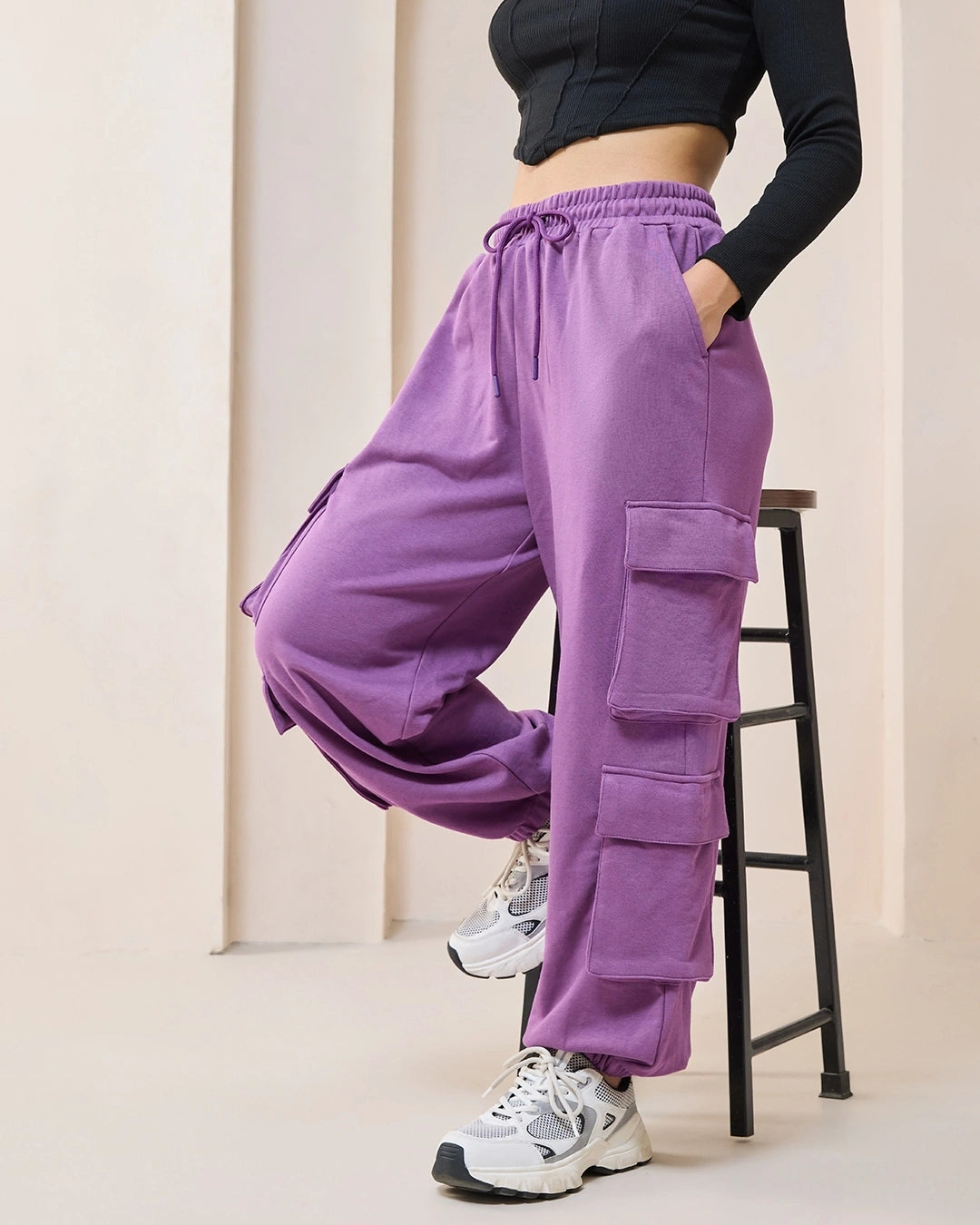 Women's Purple Super Loose Fit Cargo Joggers bottomwear