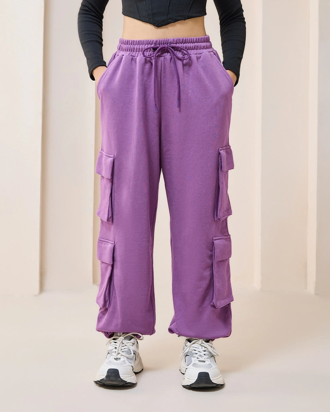 Women's Purple Super Loose Fit Cargo Joggers bottomwear